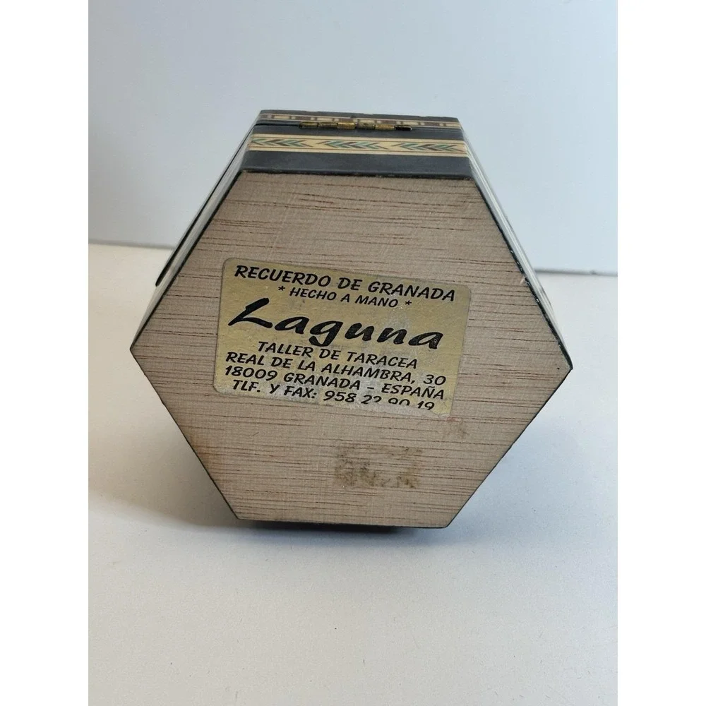 Vintage Mirrored Trinket Hexagonal Inlaid Design Wood Box Made in Granada Spain